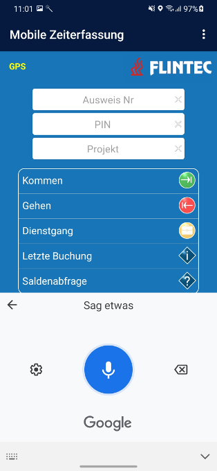 Flintec App für mobile Projektzeiterfassung mit Audioeingabe.