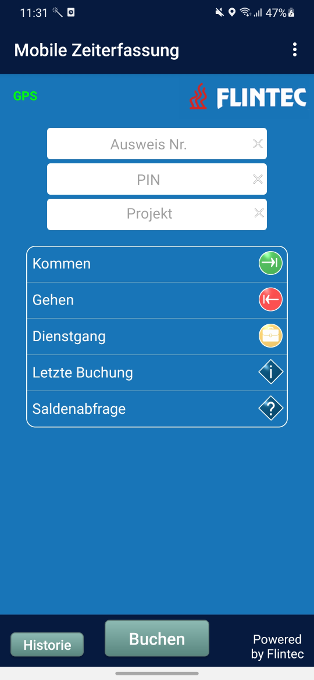 Flintec App für mobile Projektzeiterfassung mit freier Texteingabe für ein Projekt.