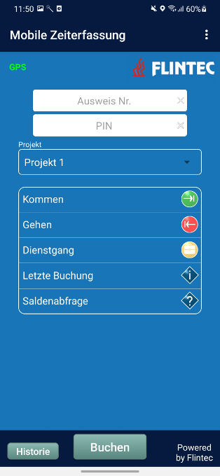Flintec App für mobile Projektzeiterfassung mit Auswahl eines Projektes über eine Dropdownliste.